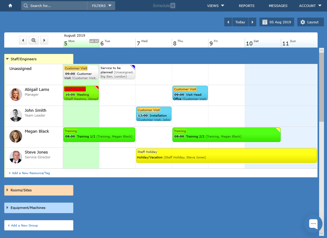 Schedule it Software - Timeline view from 1 day to 1 year. Fast scheduling using drag-and-drop to plan,  reschedule or reassign.