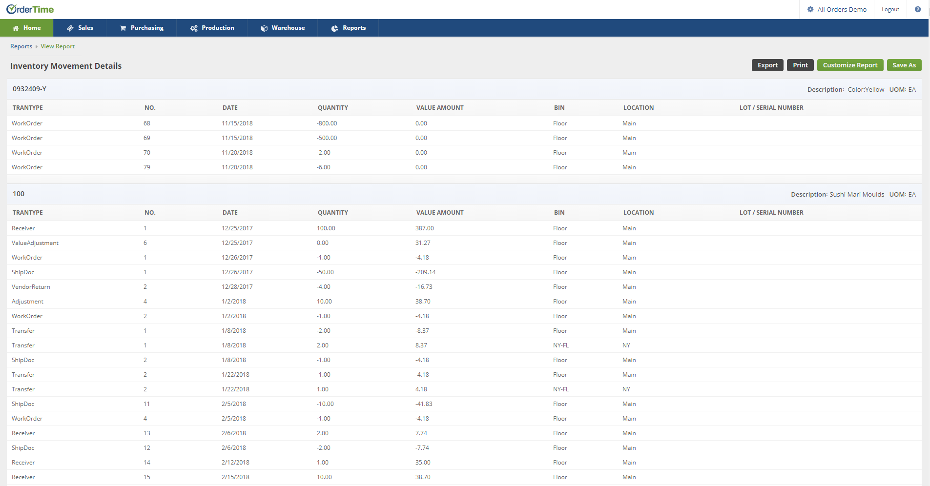 Order Time Inventory Software - Inventory Movement Report by Item