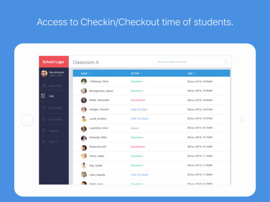 Teachers and administrators can access the checkin/checkout time of students