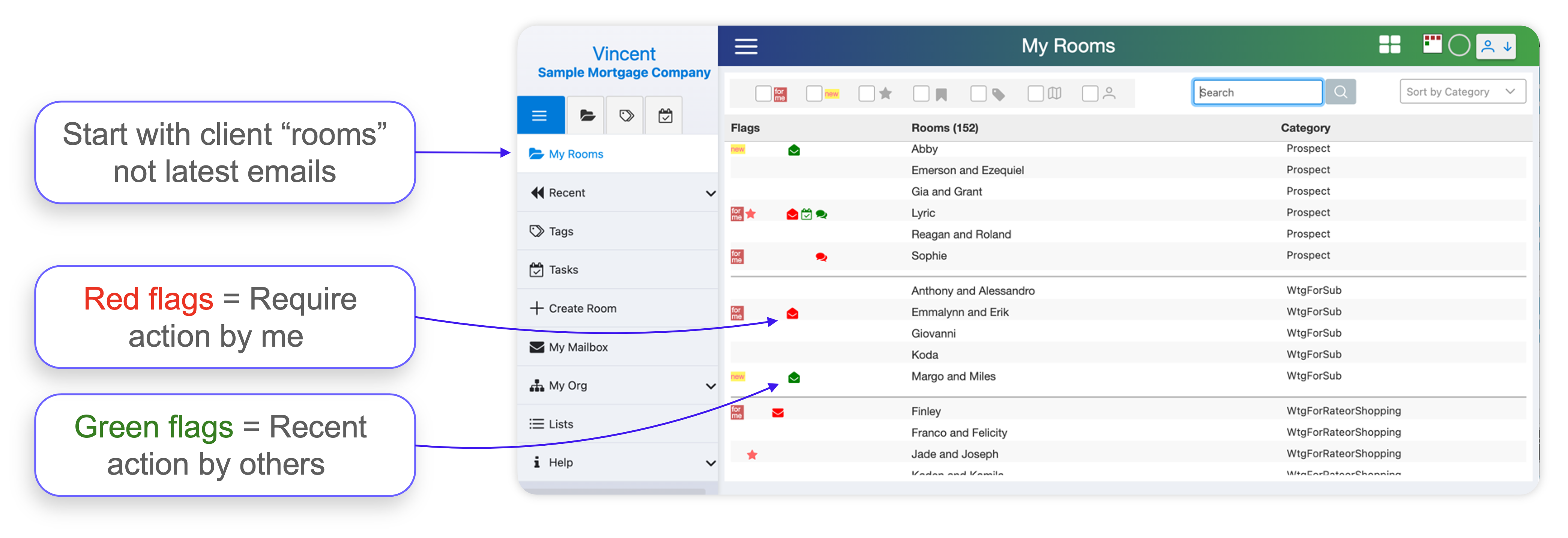 TagInbox screenshot: Start with Client/Project Rooms, not a list of recent emails.