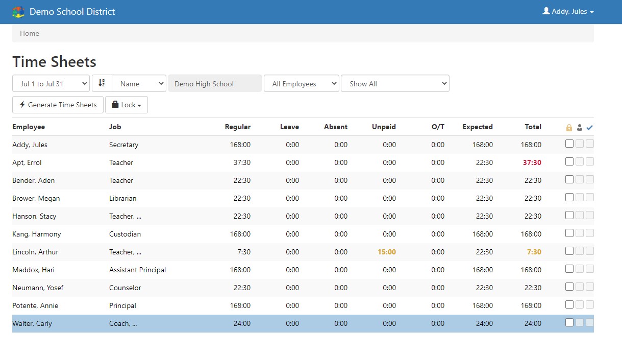 MySchoolTimeClock screenshot: MySchoolTimeClock time sheet