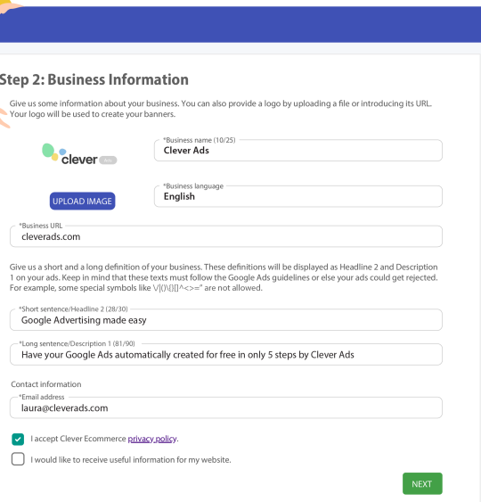 Google Ads Creator updating business information