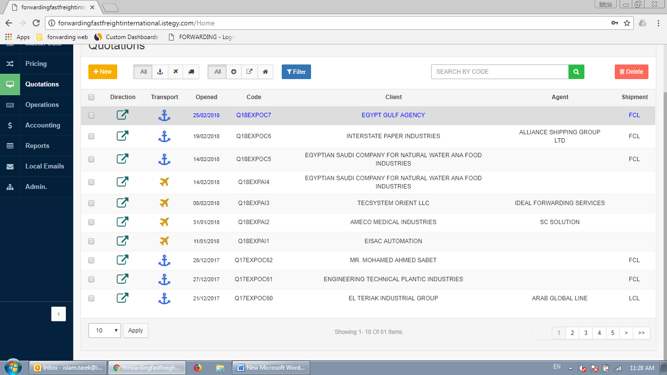 CloudWadi Logistics Software quotation screenshot