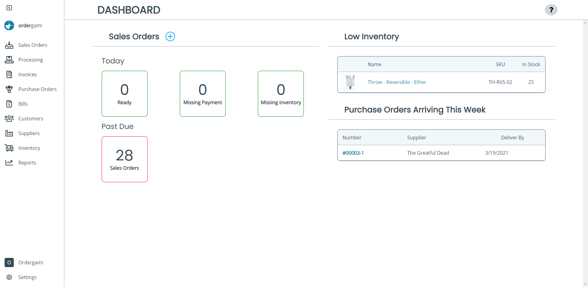 Ordergami screenshot: Ordergami sales order dashboard