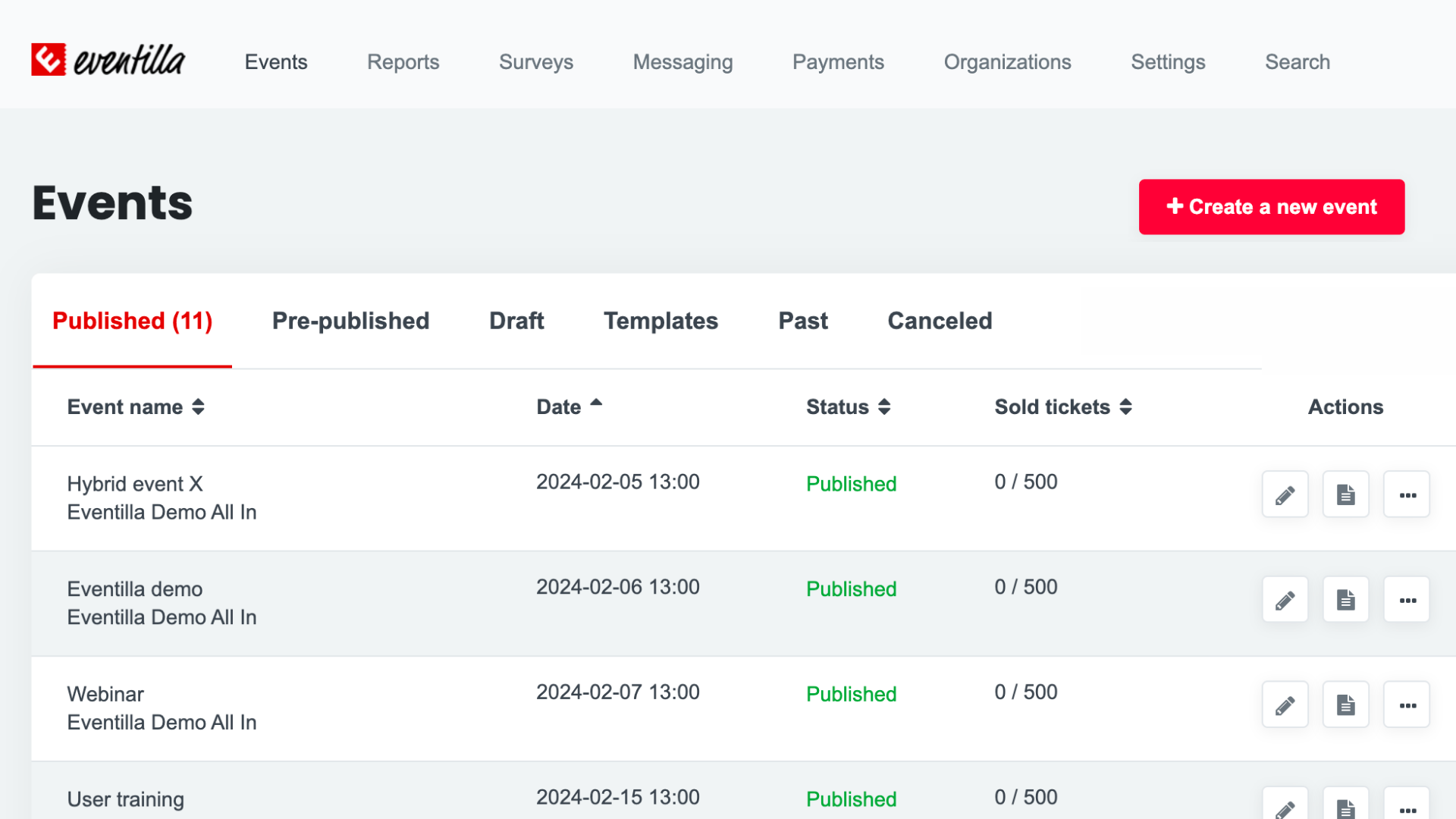 Eventilla screenshot: Event list in Eventilla. Manage your events or create new ones from easy user interface.