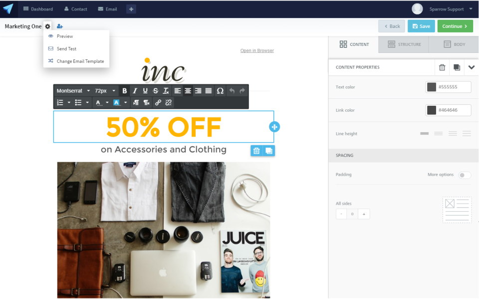 LeadSparrow screenshot: The drag & drop email designer provides highly convertible and mobile-friendly email templates