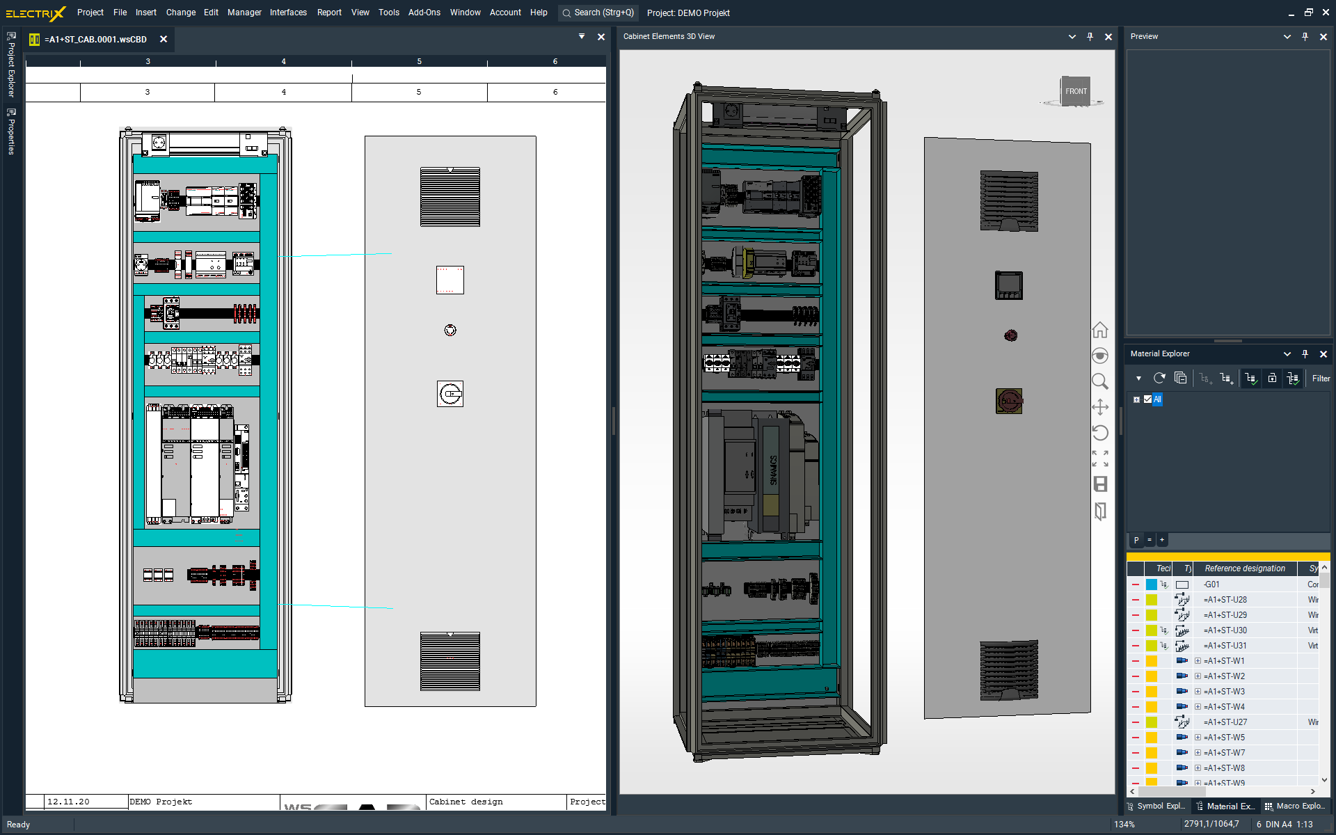 WSCAD ELECTRIX screenshot: Cabinet Engineering - The discipline provides a significant amount of support for the design and layout cabinets. for example, the exact and optimal placement of components, collision checks for objects and the calculation of wire length.