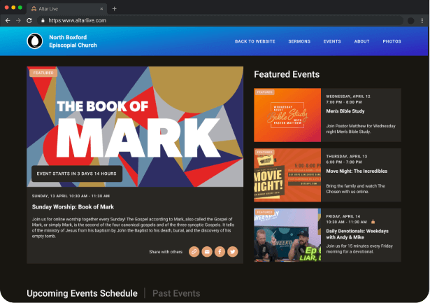 Altar Live screenshot: Altar Live Featured events and upcoming worship schedule displayed for users