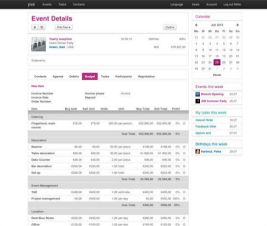yve event tool screenshot: yve event tool gives users the ability to create event budgets, tasks, agendas, and more, all accessible in a single overview