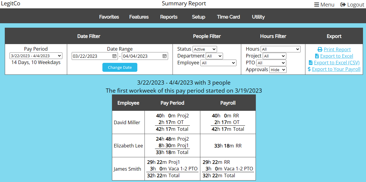 Easy Time Clock Software - Summary Report View