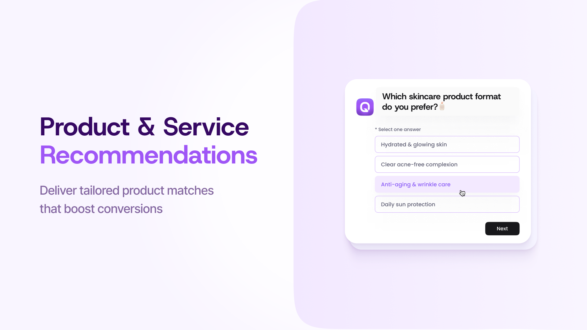 Quizell screenshot: Interactive quiz showing tailored product recommendations for skincare preferences. Demonstrates how Quizell helps businesses deliver personalized results that boost conversions.