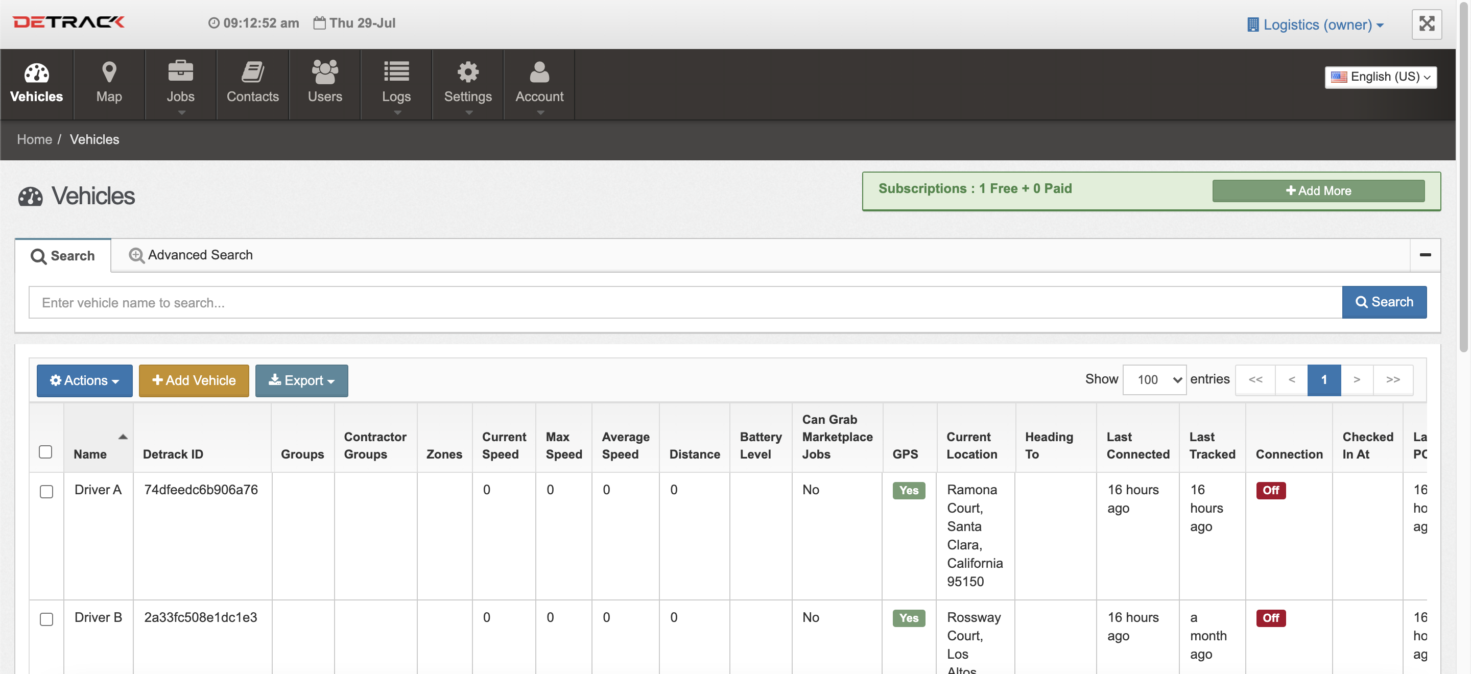 Detrack Software - Vehicles Tab