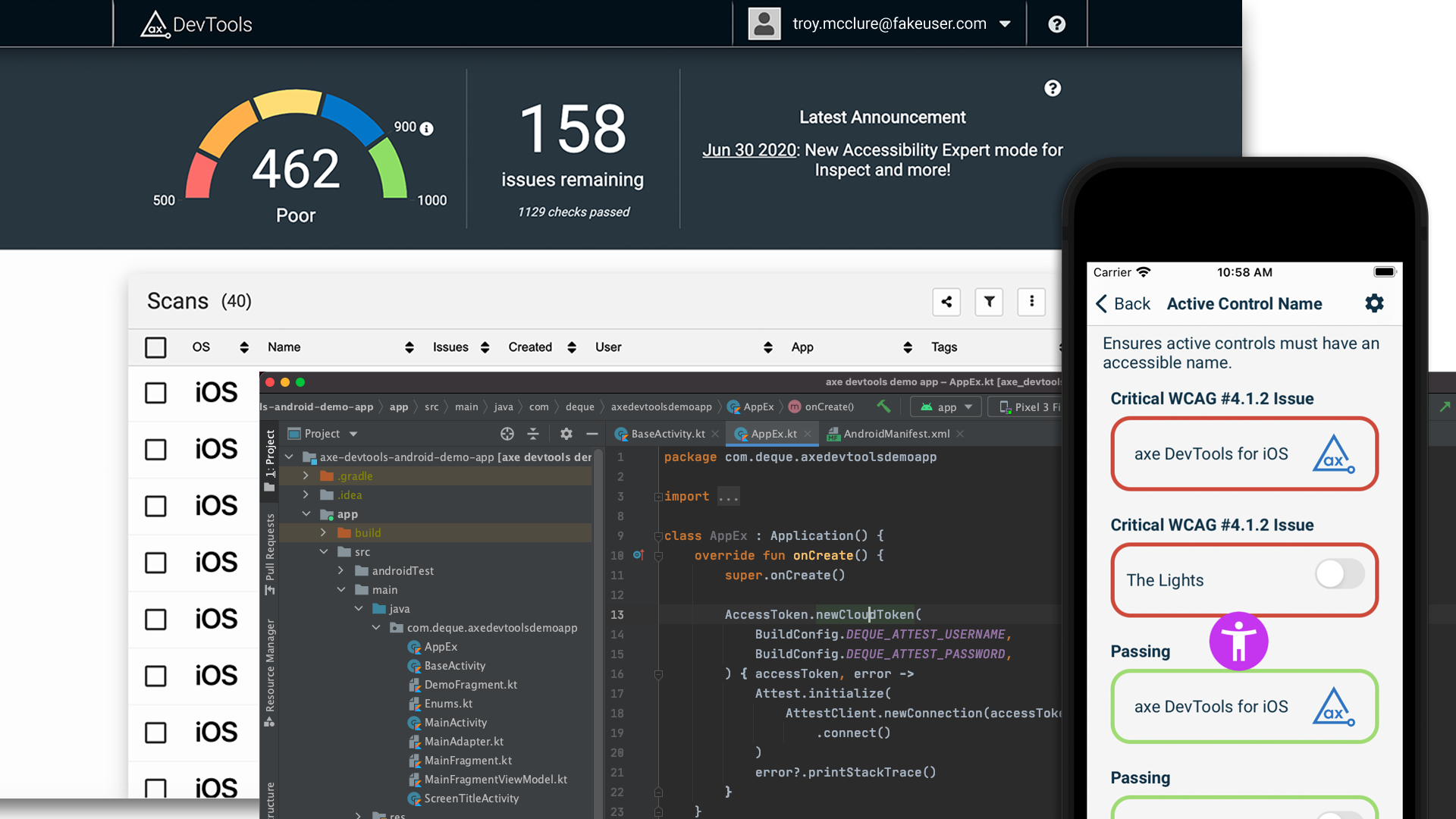 axe DevTools Mobile dashboards for iOS and Android.