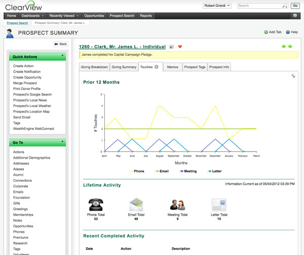 ClearView CRM Software - Track major giving activity