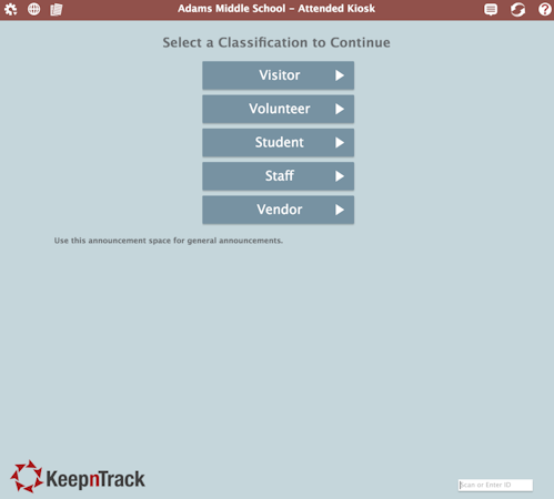 KeepnTrack screenshot: Users must select a classification to continue into the platform