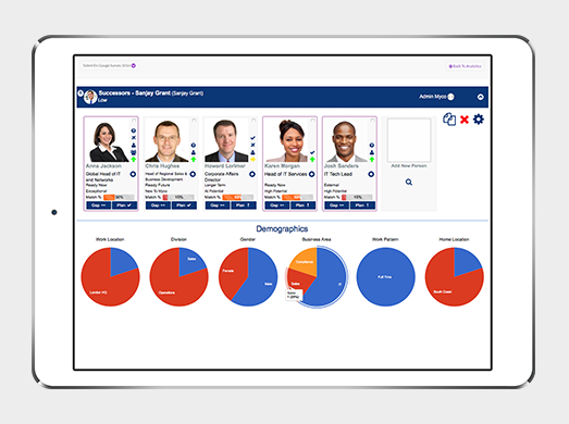 Talent pools can be created to plan the succession of an employee, a specific role or vacancy, while viewing demographics