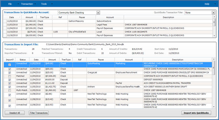 eZ Account Import screenshot: Import Transactions Screen