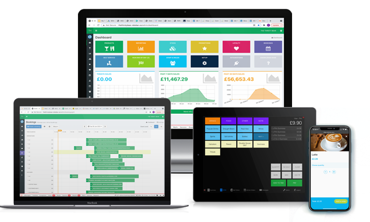 Tabology EPOS screenshot: Hospitality EPOS, back office dashboard, bookings view and mobile ordering