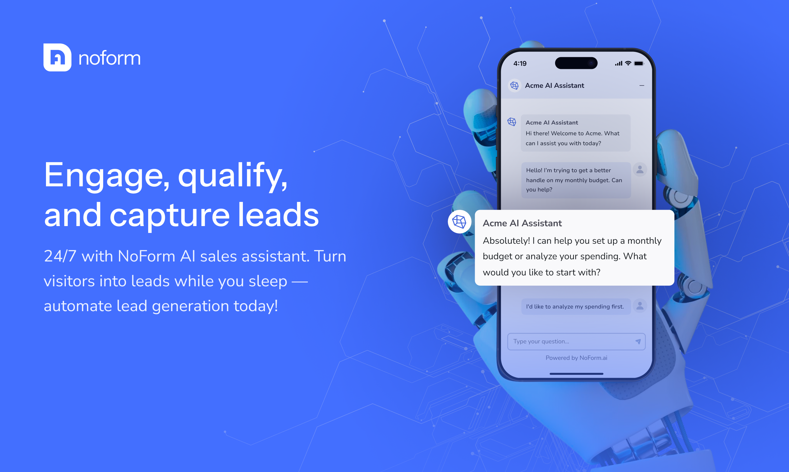 NoForm.ai screenshot: Engage, qualify, and capture leads 24/7 with NoForm AI sales assistant. Turn visitors into leads while you sleep - automate lead generation today!