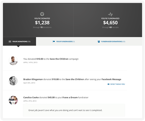 Donations, receipts, & peer fundraising pages can be managed by donors from their own 'donor dashboard'