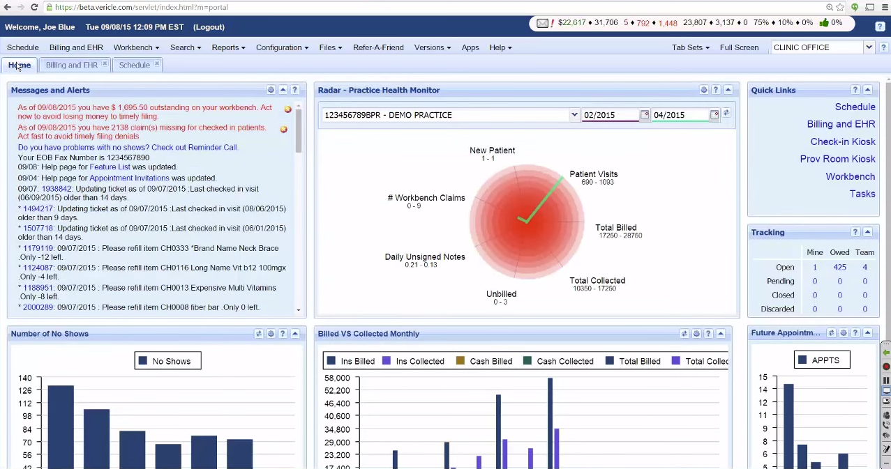 bestPT Software - The home screen includes messages & alerts, billing analytics, a no-show graph, and more