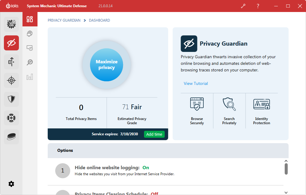 System Mechanic Ultimate Defense Software - Privacy Guardian Home Screen