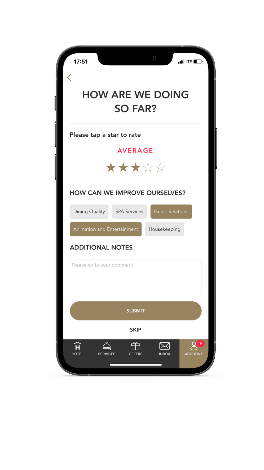 Webee Hotel App Mid-Stay Survey Screen