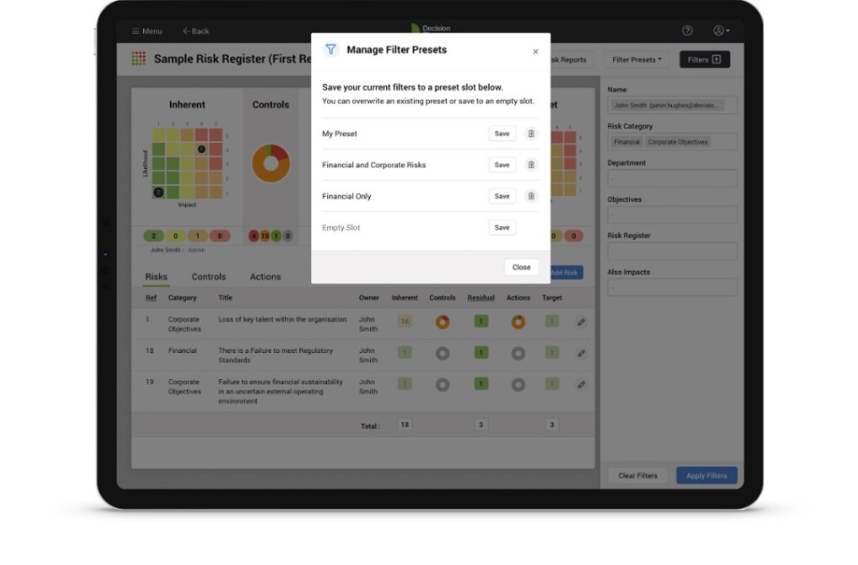 Decision Time Risks manage filter presets