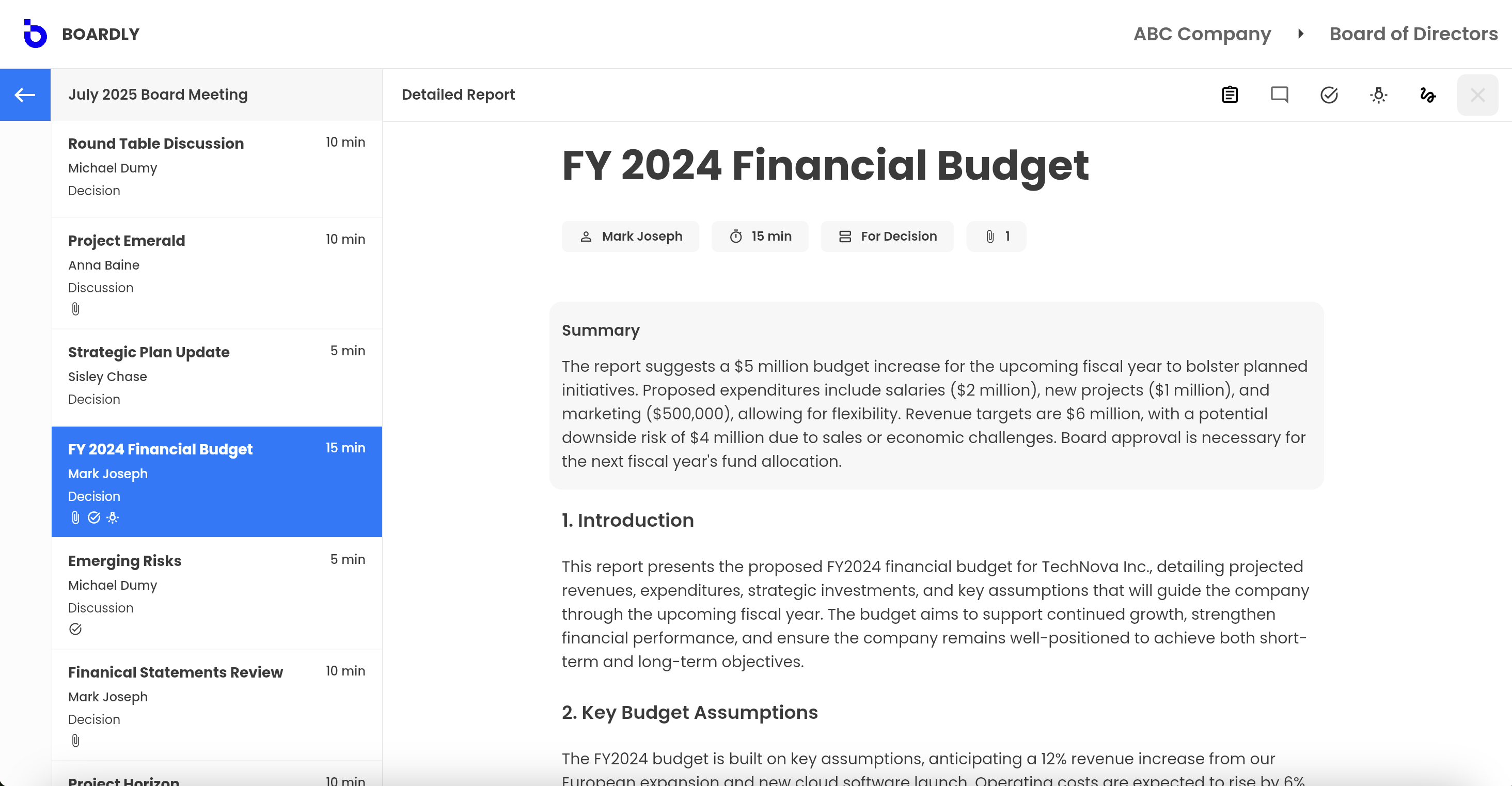 Boardly screenshot: A clean, reader-friendly format of the board report and meeting pack for directors and reviewers.