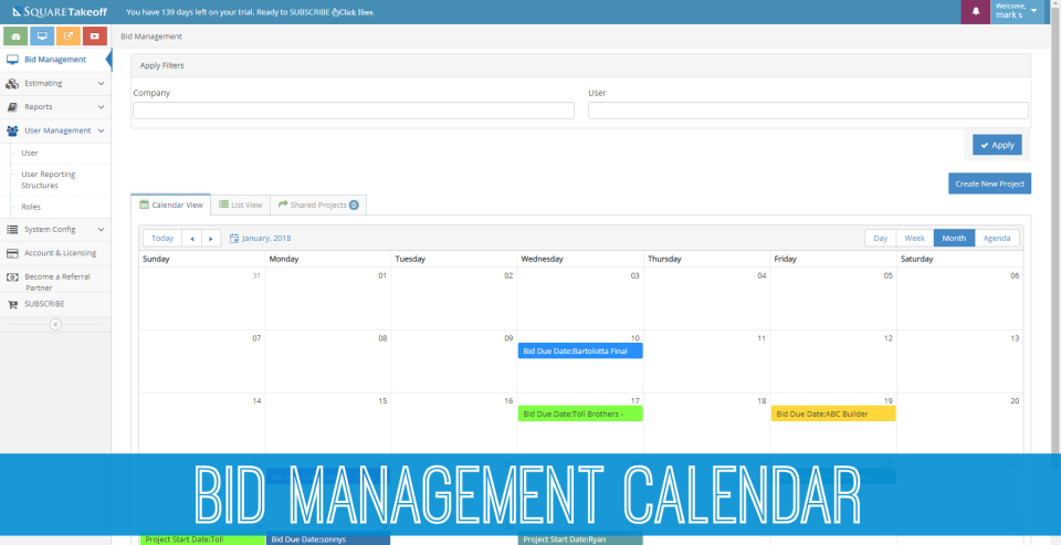 Square Takeoff bid management calendar screenshot