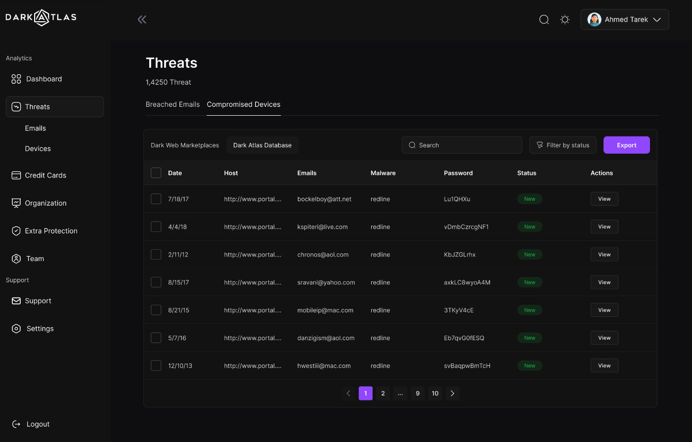 Dark Atlas screenshot: Data Leakage Reporting