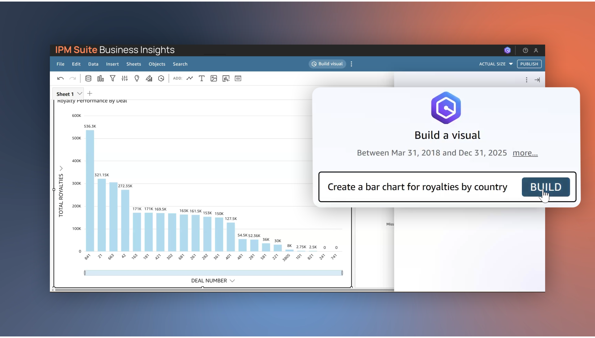IPM Suite screenshot: Using Generative AI, licensing and finance professionals can instantly create charts and dashboards based on data in IPM Suite. You can build, enhance and refine your graphs and charts gaining real-time, data-driven insights.