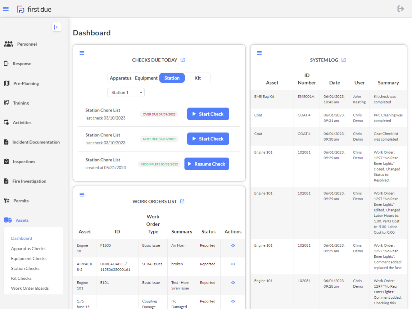 First Due Software - First Due Assets & Inventory Management Dashboard