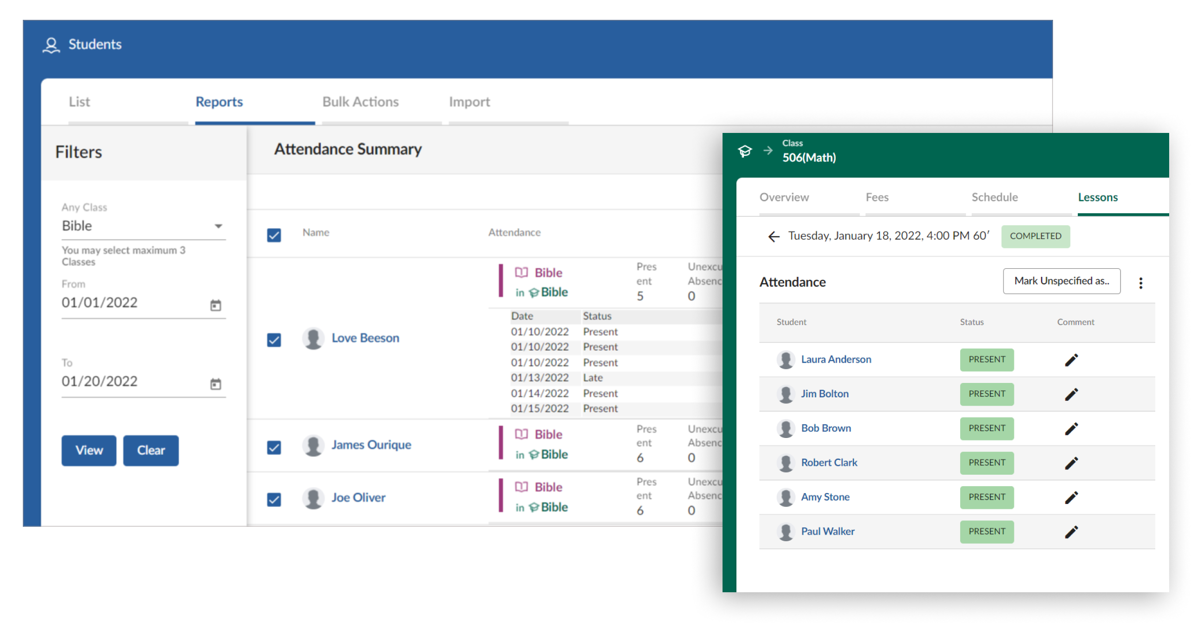 DreamClass Software - Track attendance status in 3 seconds & view monthly student attendance reports