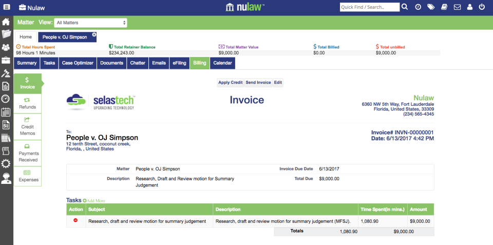 Invoices can be generated and sent to clients