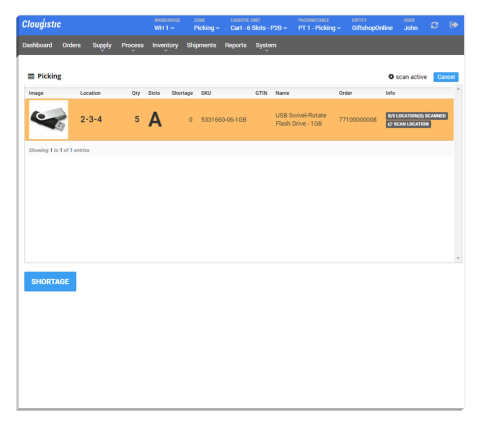Clougistic Software - An example of product picking details, with features supporting the picking of multiple orders, wave/zone picking and bluetooth scanning