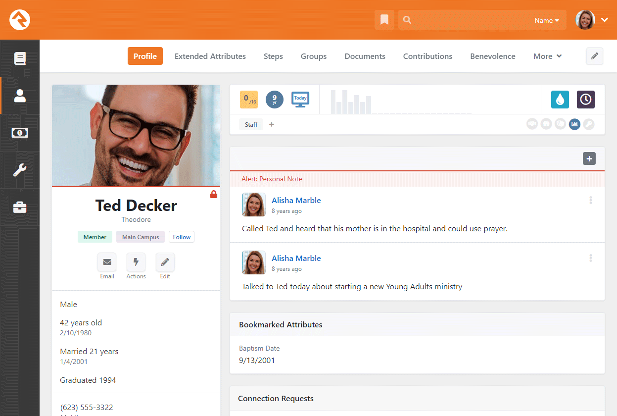 Rock RMS screenshot: Rock RMS person profile