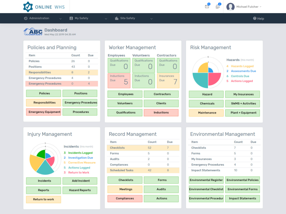 Online WHS Systems screenshot: Online WHS Systems dashboard