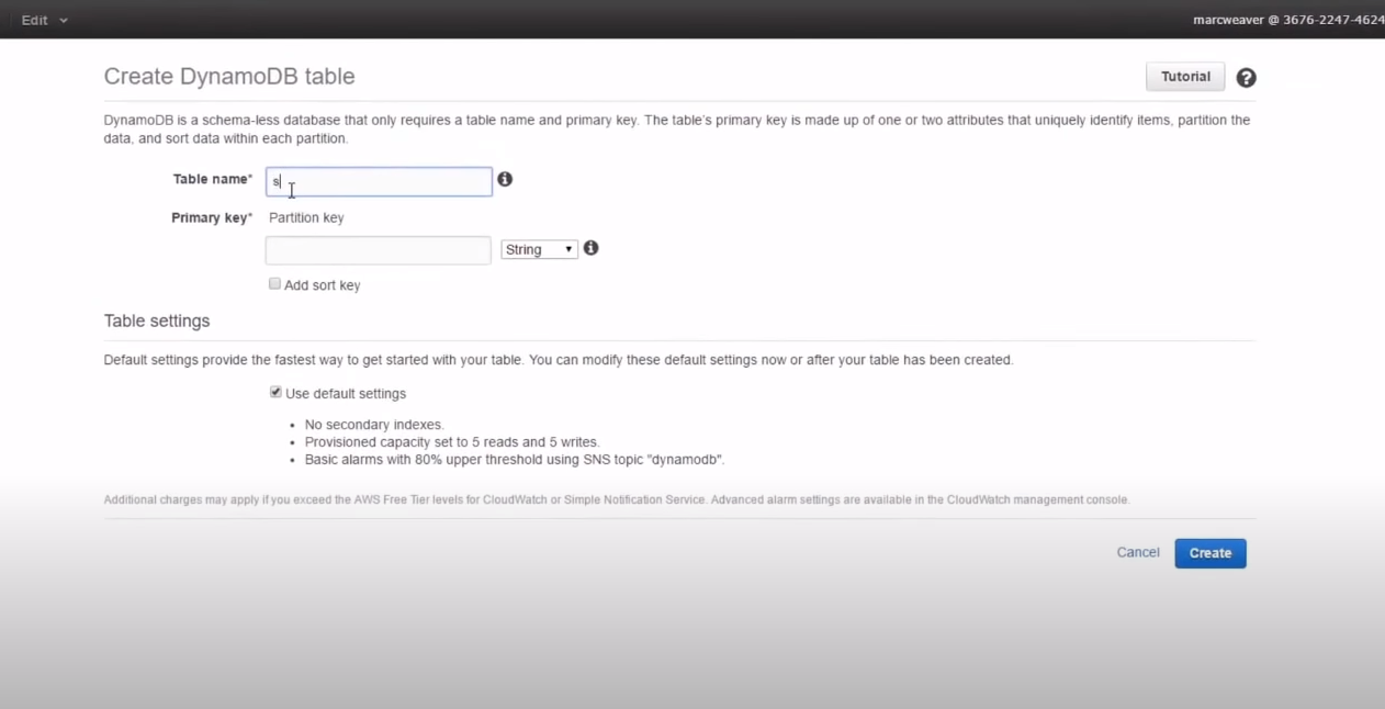 Amazon DynamoDB table creation