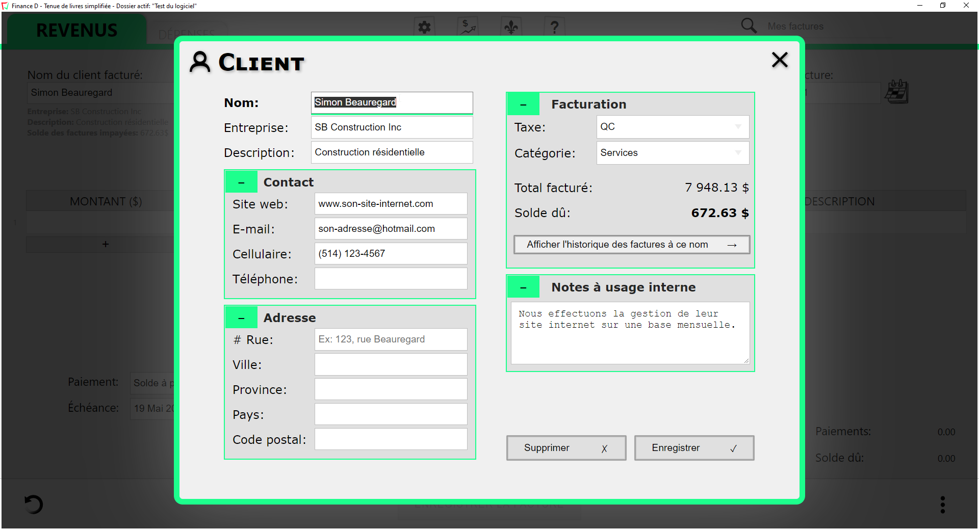 Finance D Software - Exemple de la création d'un contact client.