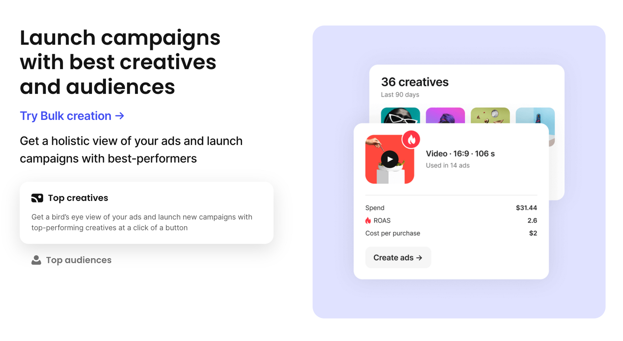 Get a bird’s eye view of your ads and launch new campaigns with top-performing creatives and audiences at a click of a button