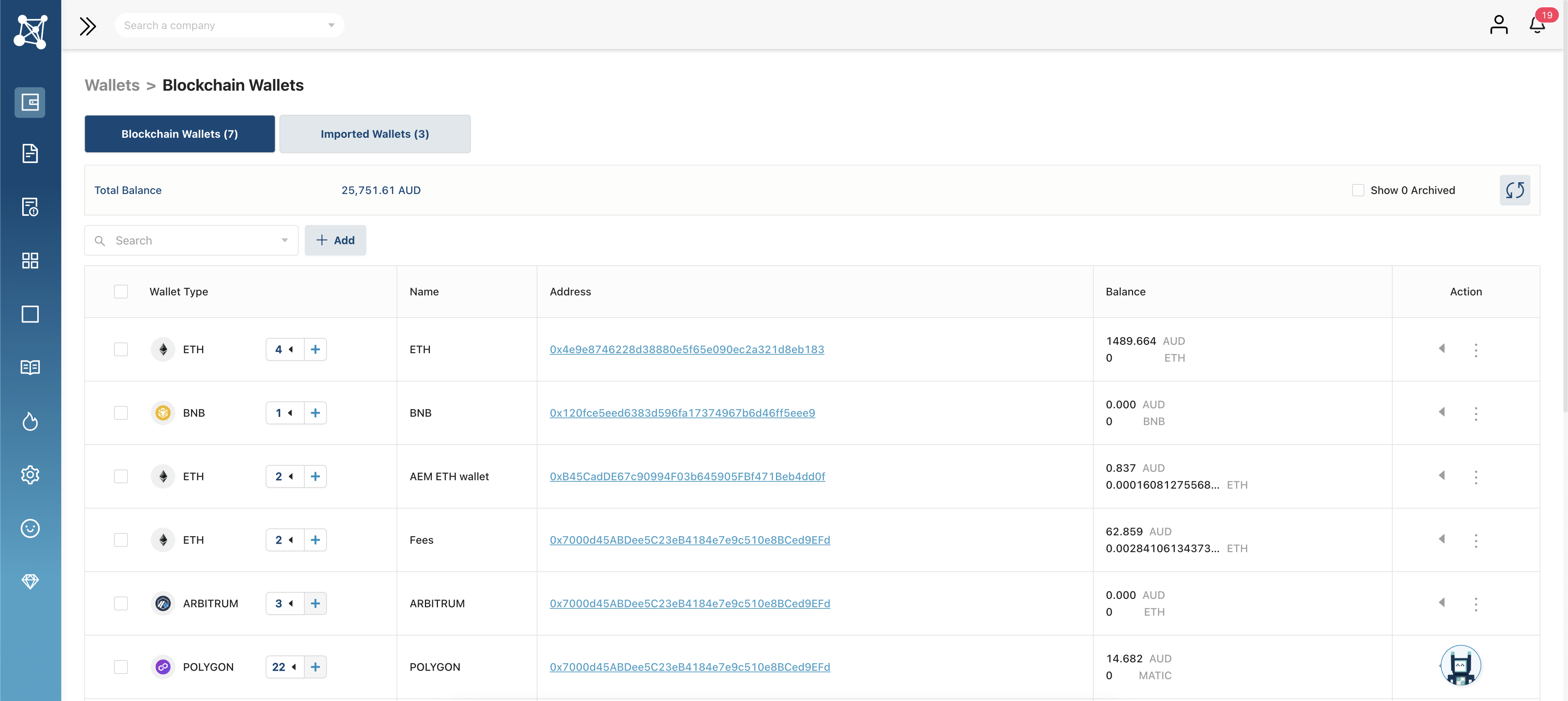 AEM+ screenshot: Wallets