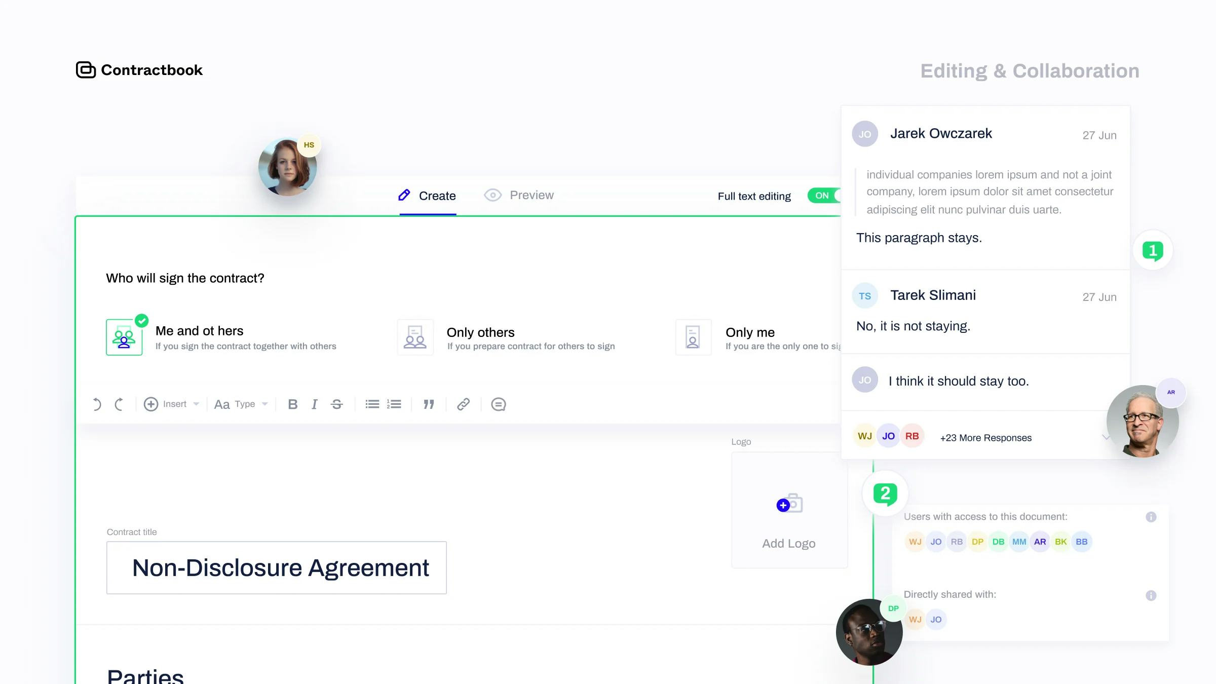 Contractbook Software - Work as a team with your co-workers to increase your transparency or invite external guests to collaborate on your legal work to reach better contracts.