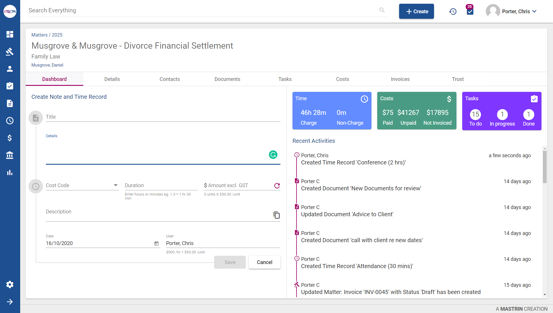 All your matter details including contacts, documents, tasks, costs, invoices and trust is accessible from the one location.-thumb