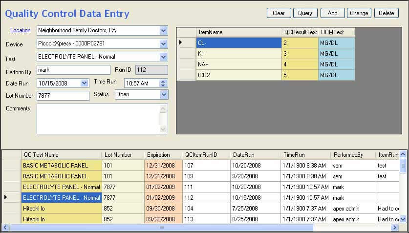 Apex LIS quality control screenshot