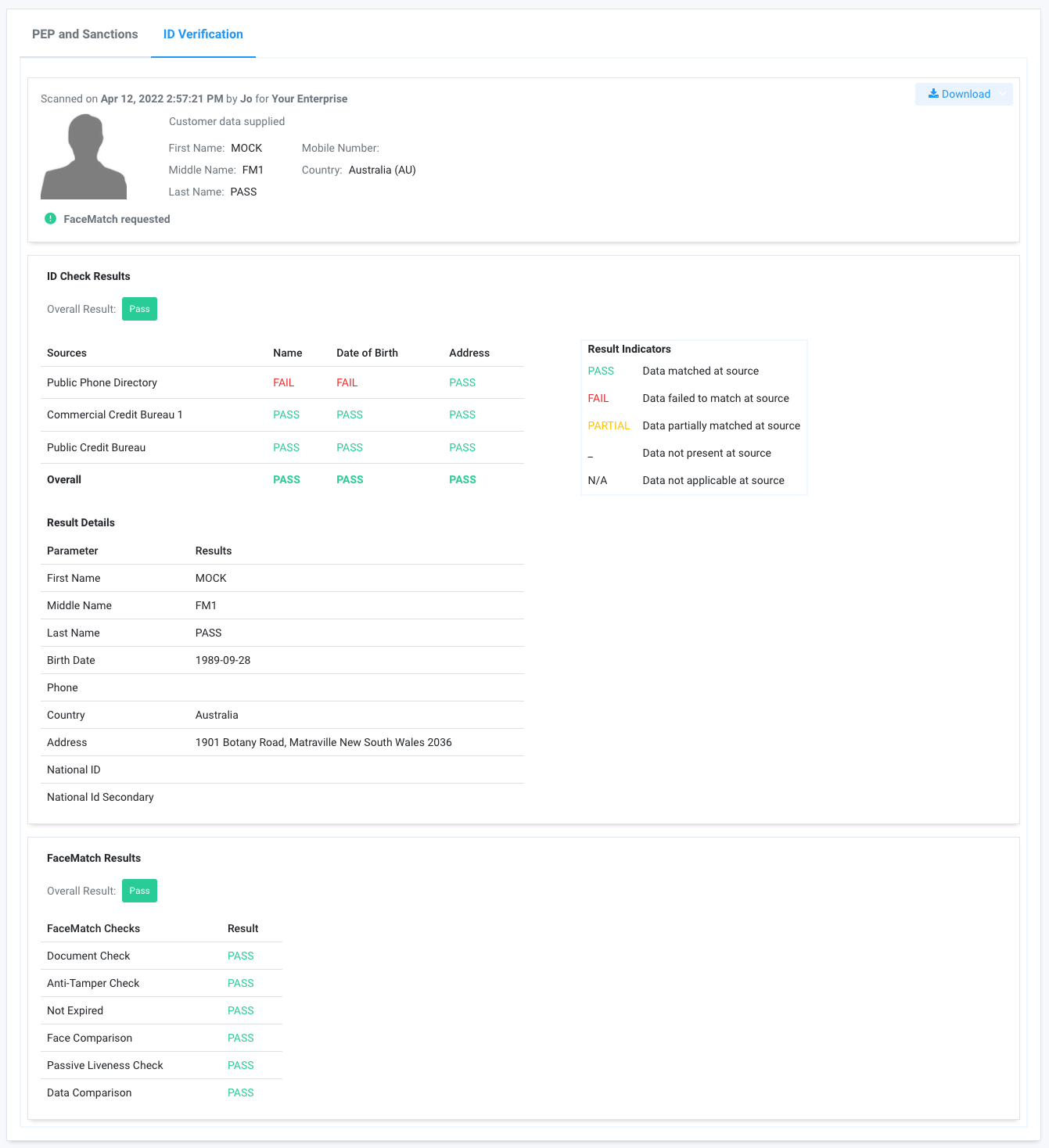 Comprehensive ID verification Result with FaceMatch Check