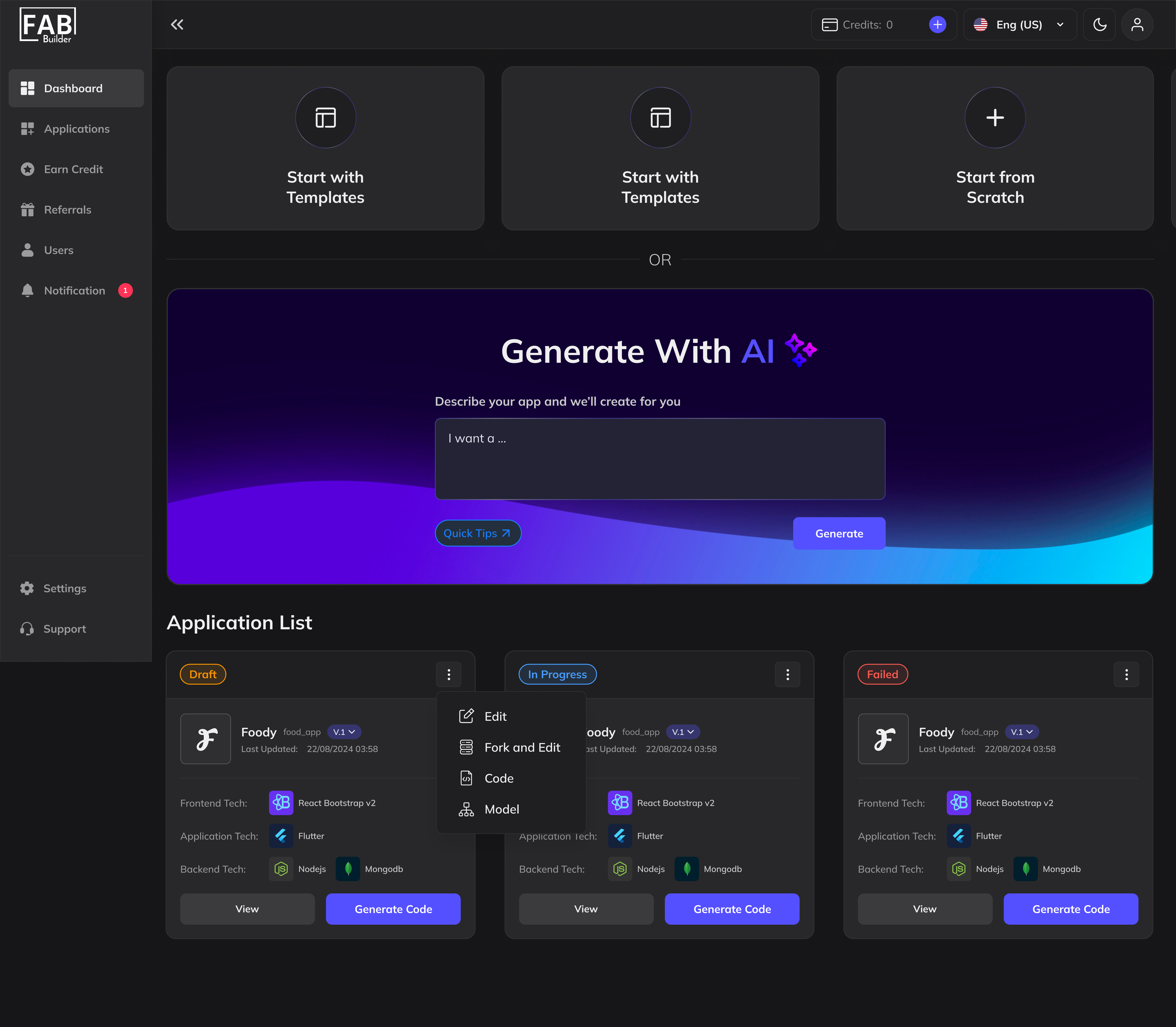 FAB Builder screenshot: FAB Builder Studio Dashboard