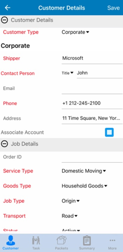 Freight Suite screenshot: QuickMove customer details