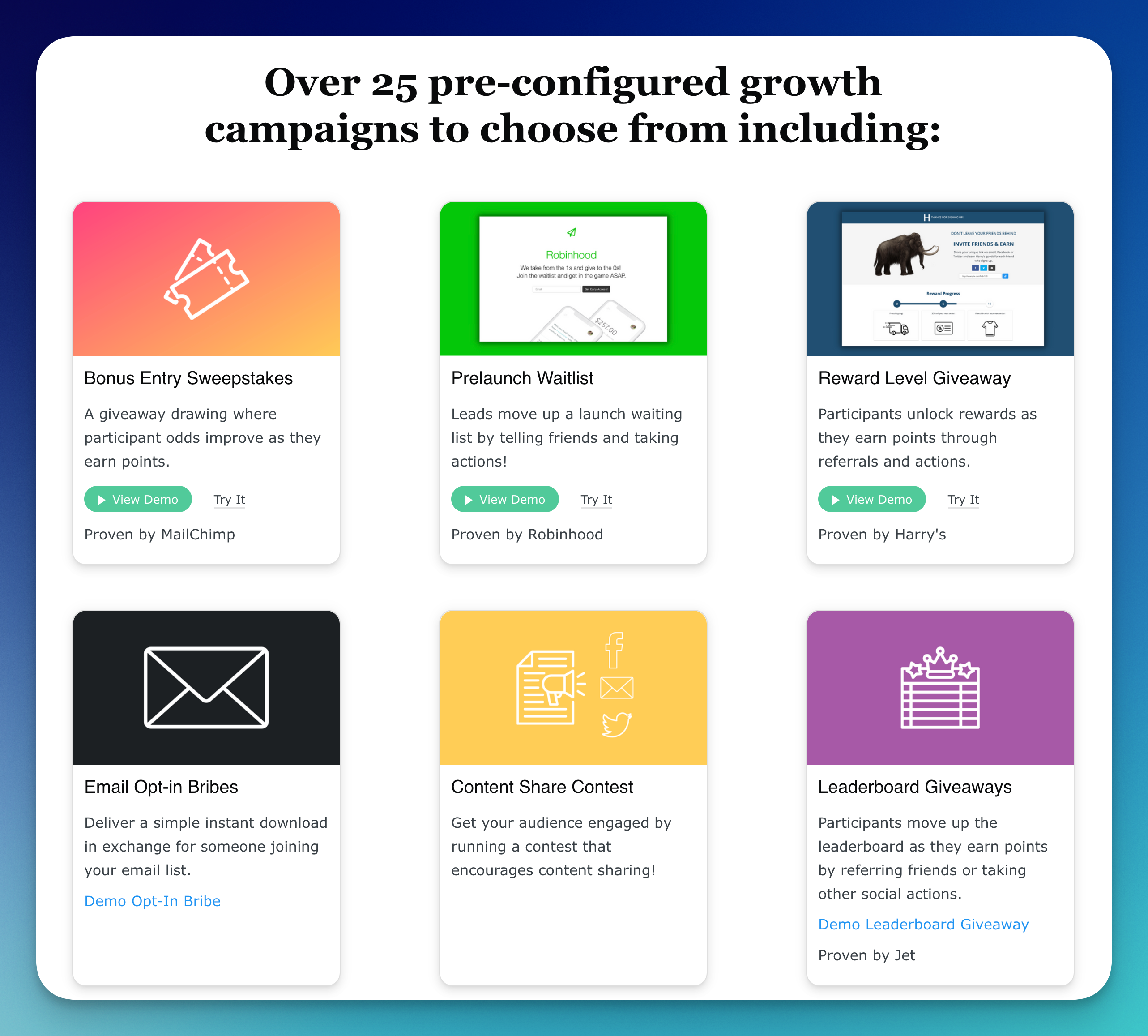 Preview of different lead capture and audience growth campaign types you can run with KickoffLabs