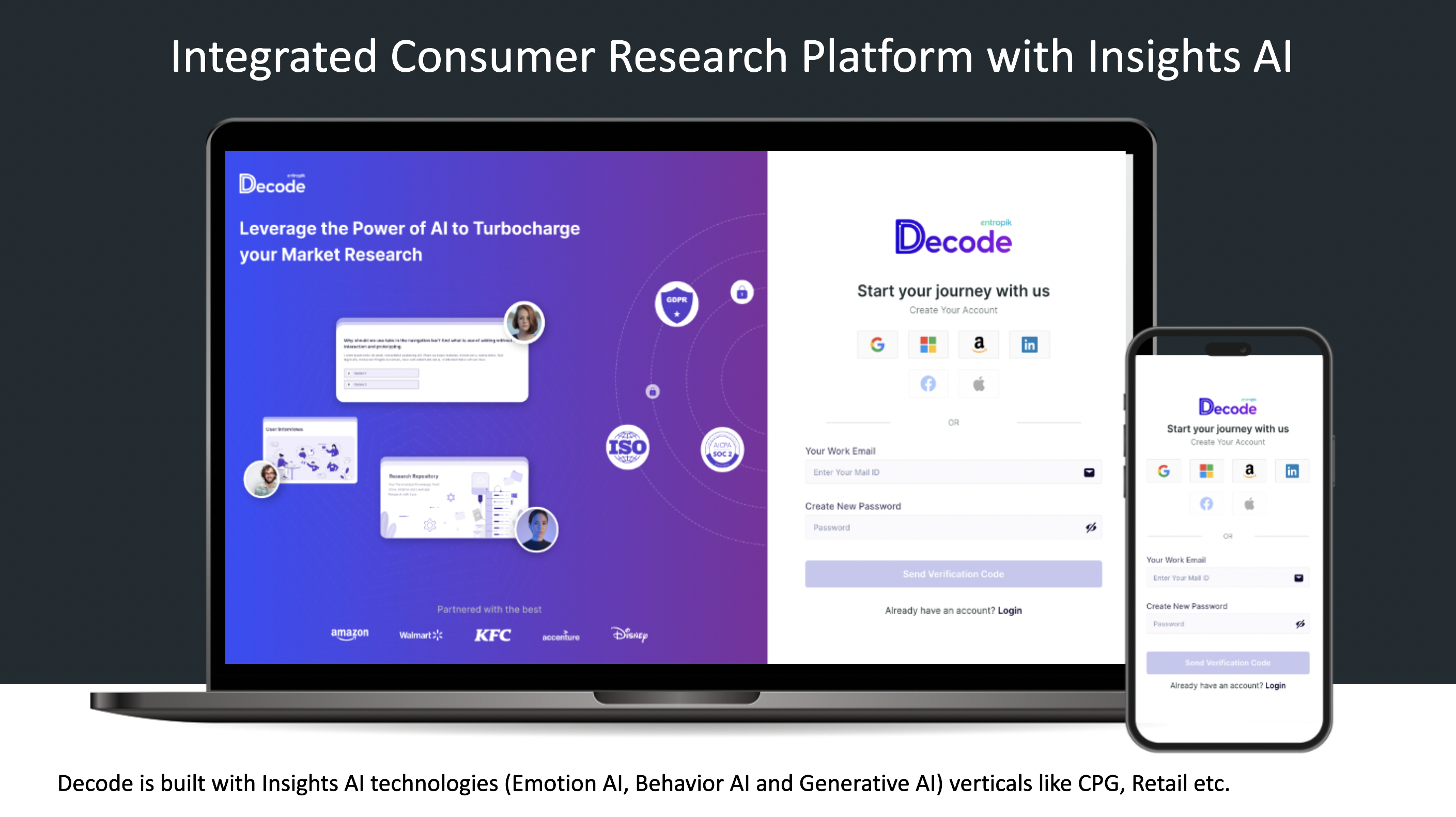 Decode screenshot: Decode is built with Insights AI technologies (Emotion AI, Behavior AI and Generative AI) verticals like CPG, Retail etc.​